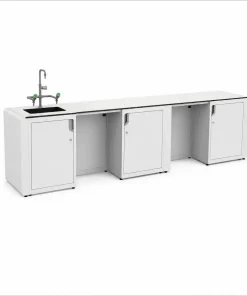 Bàn thí nghiệm áp tường tích hợp chậu rửa và tủ lưu trữ