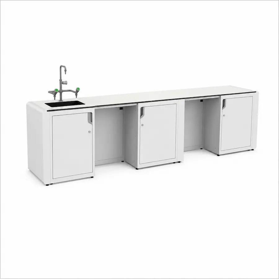 Bàn thí nghiệm áp tường tích hợp chậu rửa và tủ lưu trữ 1 Bàn thí nghiệm áp tường tích hợp chậu rửa và tủ lưu trữ