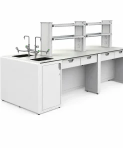 Bàn thí nghiệm trung tâm tích hợp chậu rửa và kệ dụng cụ thí nghiệm
